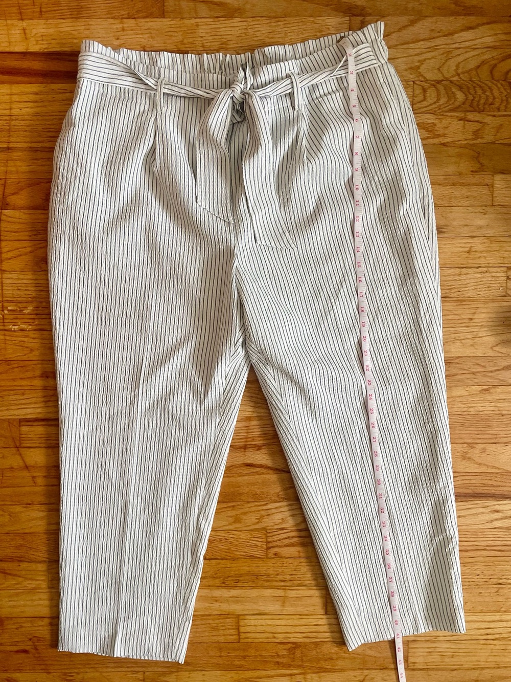 Bar III White Slim Vertical-Stripe Paperbag Waist Trousers